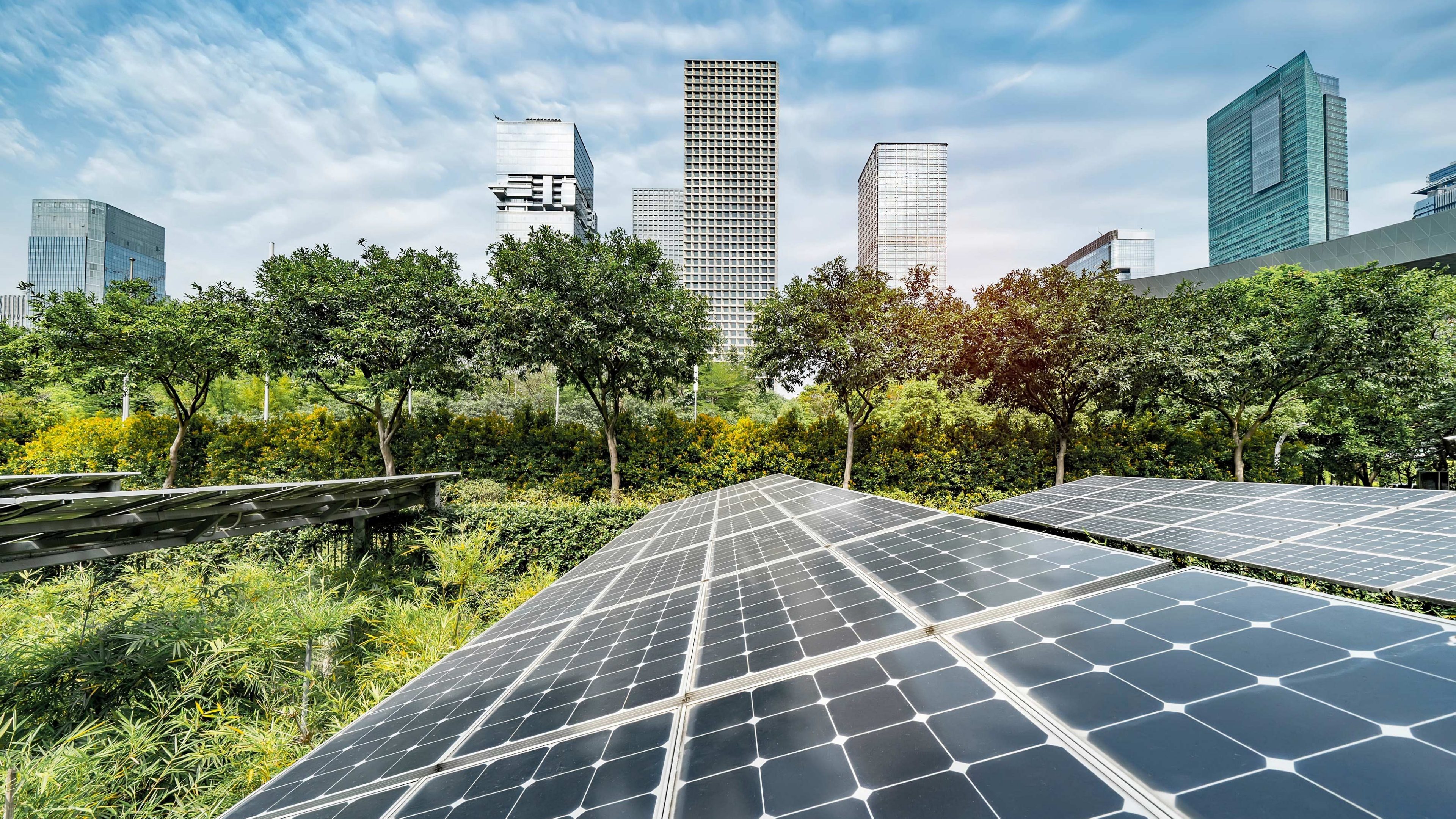 Ecological energy renewable solar panel plant with urban landscape landmarks